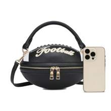 Football Shaped Crossbody Handbag - Unique Sports-Themed Purse With Adjustable Strap - Black - View 2