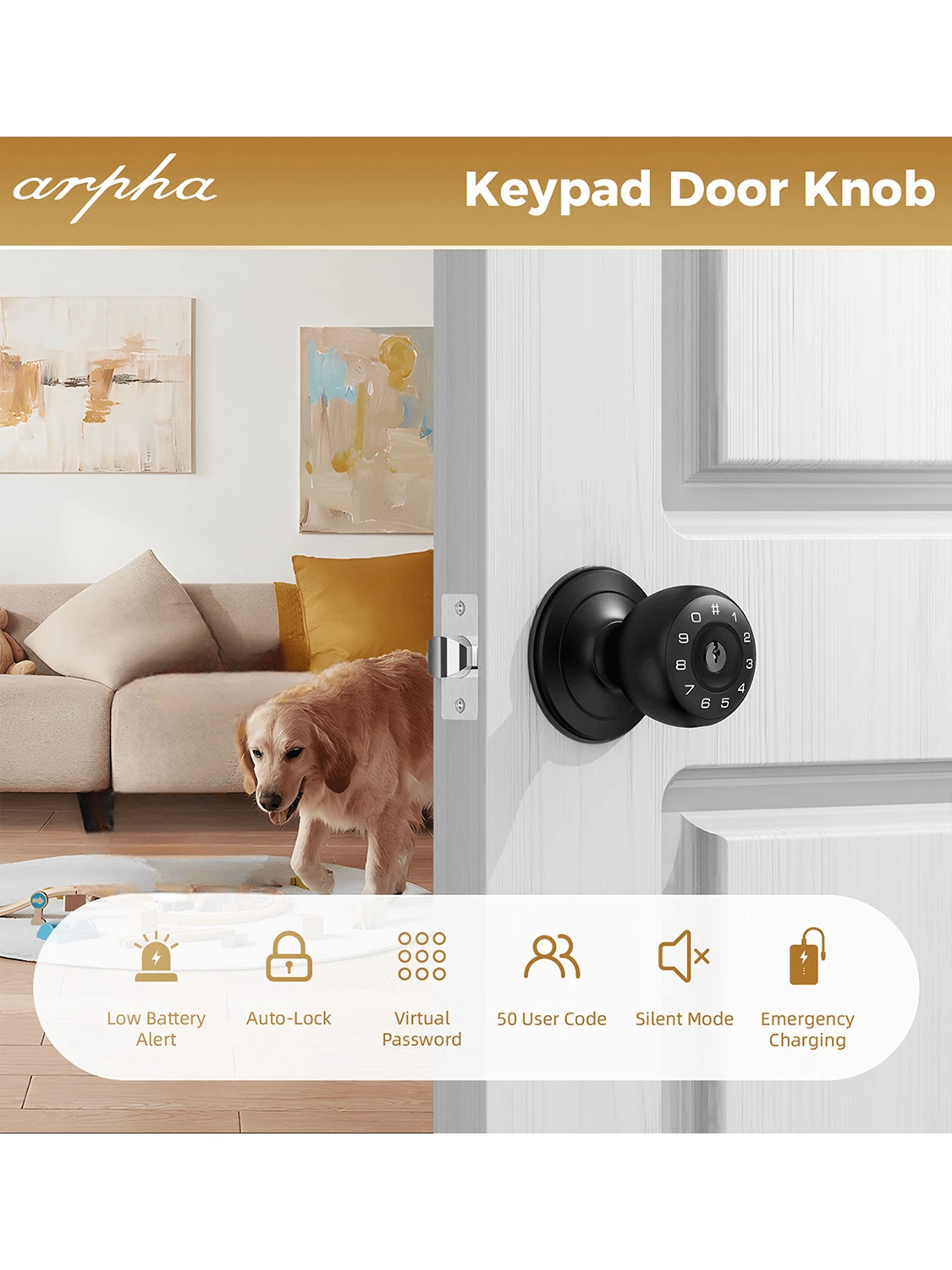 Arpha Keyless Entry Door Lock, Keypad Door Knob With 50 Code, Anti