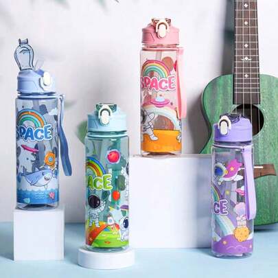 1pc800ml卡通宇航员水壶跳盖户外运动水壶学生带绳塑料杯透明吸管杯