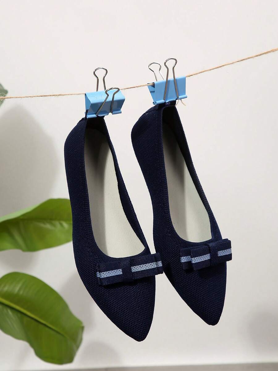 2024 新款高品质时尚舒适防滑透气尖头蝴蝶结女式平底鞋 - 藏蓝色 - 查看 1