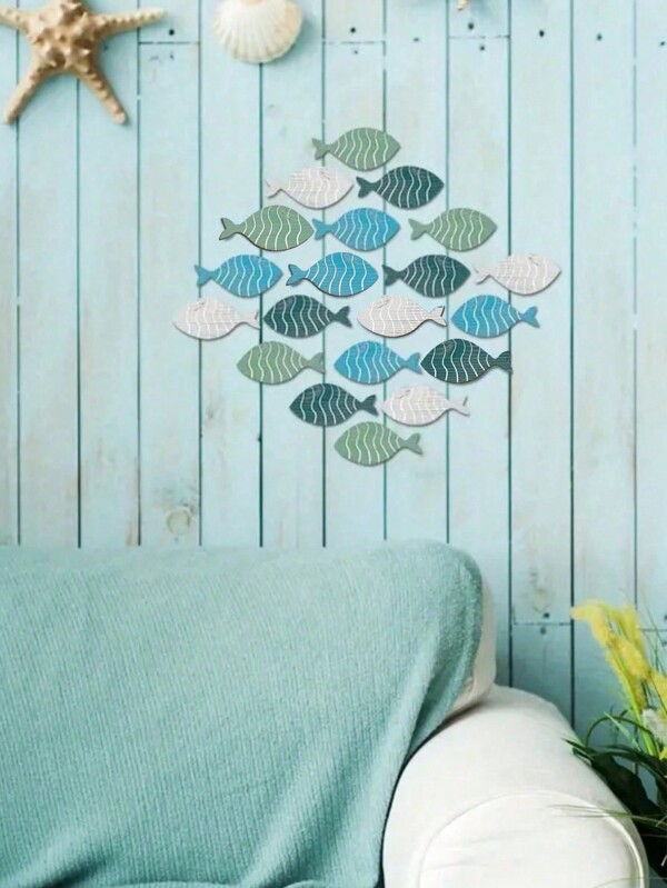 20pcs/Set Wooden Fish Wall Decor Coastal Beach Decoration DIY Living Room Wall For Home Lake House Decor