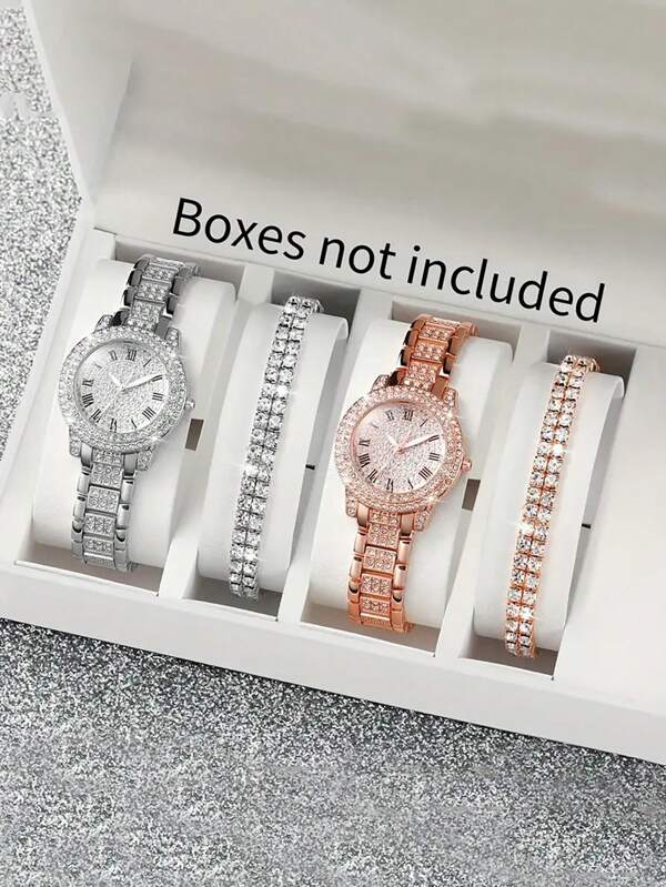 4pcs Set Silver & Rose Gold Tone Diamond Decorated Roman Numeral Quartz Watch & Double Row Hand Crystal Bracelet, Party Wristwatch Gifts