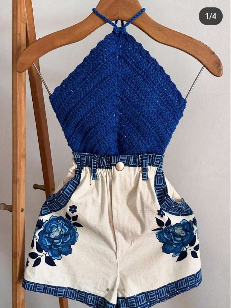 Cropped Crochet Summer 2025 Knitted Top Halter Beach Fashion Carnival Neon - Xanh đậm - Xem 1