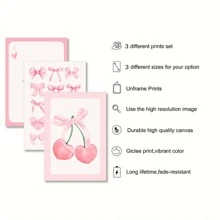 3 件/套无框粉色蝴蝶结樱桃印花极简主义墙饰、潮流艺术海报、学院风房间装饰、粉色房间装饰、美学房间装饰、防水帆布墙饰、艺术品墙画，可作为礼物、卧室、客厅、办公室、浴室、家居和宿舍装饰