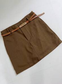 Short Skirt With Belt And Pocket - Luis Twill Fabric - Rỉ Nâu - Xem 8