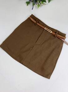 Short Skirt With Belt And Pocket - Luis Twill Fabric - Rỉ Nâu - Xem 5