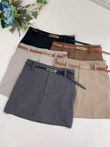 Short Skirt With Belt And Pocket - Luis Twill Fabric - Rỉ Nâu - Xem 9