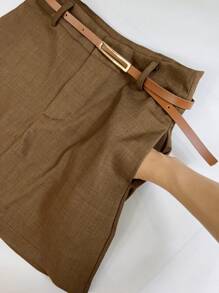 Short Skirt With Belt And Pocket - Luis Twill Fabric - Rỉ Nâu - Xem 7