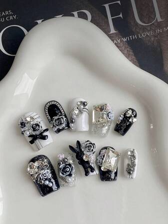 Ten Piece Set Of Dark Black Camellia Sweet And Cool Handmade Press-On Nails , Chain Black Bunny Suitable For Daily Life, Parties, Gatherings, Birthdays Press On Nails Nail Supplies Nails