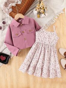 2pcs/Set Young Girl Casual Solid Color Long Sleeve Cropped Button Shirt Jacket And Ditsy Floral Dress Set, Suitable For Spring And Summer Outdoor, Everyday, Casual, Holiday, Party - Pink - View 4