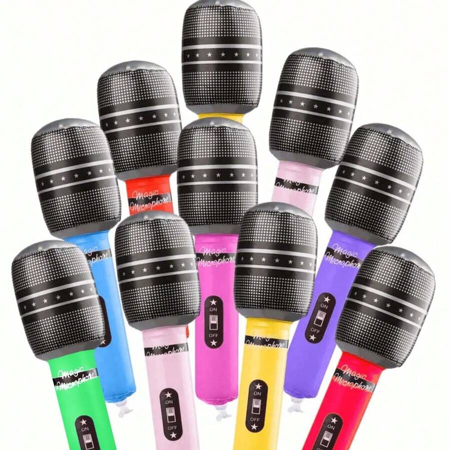 10pcs/Pack Colorful Inflatable Microphone - Vibrant Party Favors And Rock Star Theme Decor, Suitable For Holiday Parties, Birthday Parties - Random Colors - Multicolor - View 1