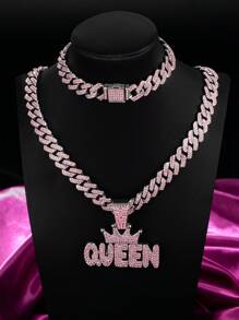 1set Women's Pink Rhinestone Studded Hip Hop Nightclub Style Letter Crown "KING" "QUEEN" Pendant Necklace Jewelry Set, Personalized Crown Design With Sparkling Crystals, Suitable For Daily Wear And Party Accessories