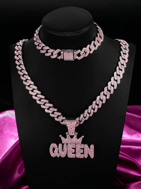 1set Women's Pink Rhinestone Studded Hip Hop Nightclub Style Letter Crown "KING" "QUEEN" Pendant Necklace Jewelry Set, Personalized Crown Design With Sparkling Crystals, Suitable For Daily Wear And Party Accessories