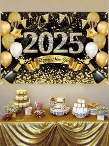 1 件 2025 新年快乐派对背景，100 * 150 厘米涤纶黑金色烟花气球图案新年庆祝横幅适用于家庭房间花园墙壁装饰，2025 年新年快乐装饰品 - 彩色 - 查看 4