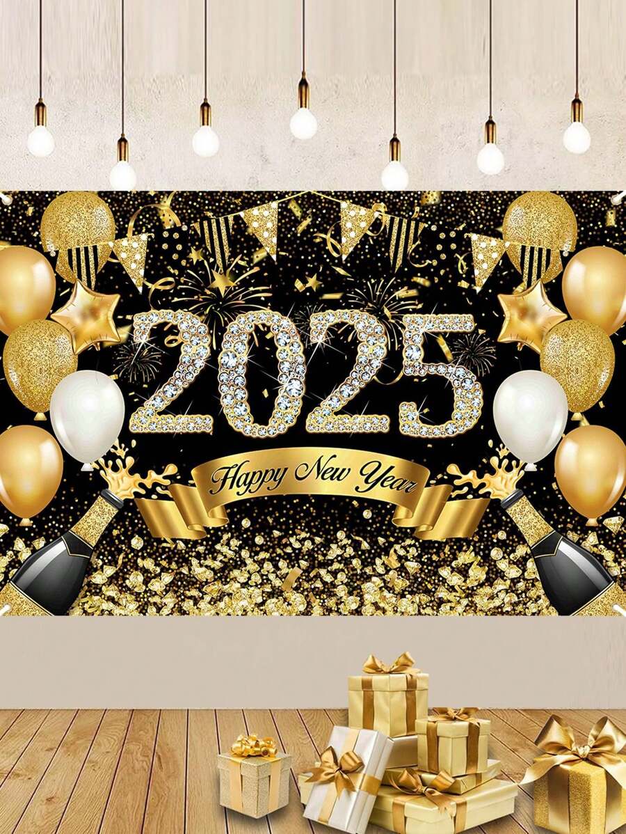 1 件 2025 新年快乐派对背景，100 * 150 厘米涤纶黑金色烟花气球图案新年庆祝横幅适用于家庭房间花园墙壁装饰，2025 年新年快乐装饰品 - 彩色 - 查看 1