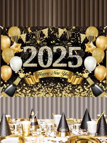 1 件 2025 新年快乐派对背景，100 * 150 厘米涤纶黑金色烟花气球图案新年庆祝横幅适用于家庭房间花园墙壁装饰，2025 年新年快乐装饰品 - 彩色 - 查看 2
