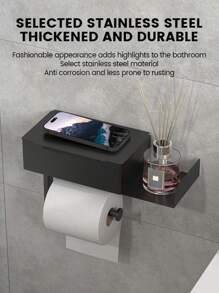 1 pieza Portarrollos de papel higiénico negro con estante de almacenamiento extensible, dispensador de papel de pared de acero inoxidable 304 fácil de instalar sin necesidad de taladrar, organizador de baño y cocina, decoración de verano para el baño