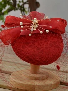 French Elegant Women Small Top Hat, Vintage British Fascinator Hat, Lady Veil Headdress Hat, White Wedding Bridal Hair Accessories - 03501038 - View 7