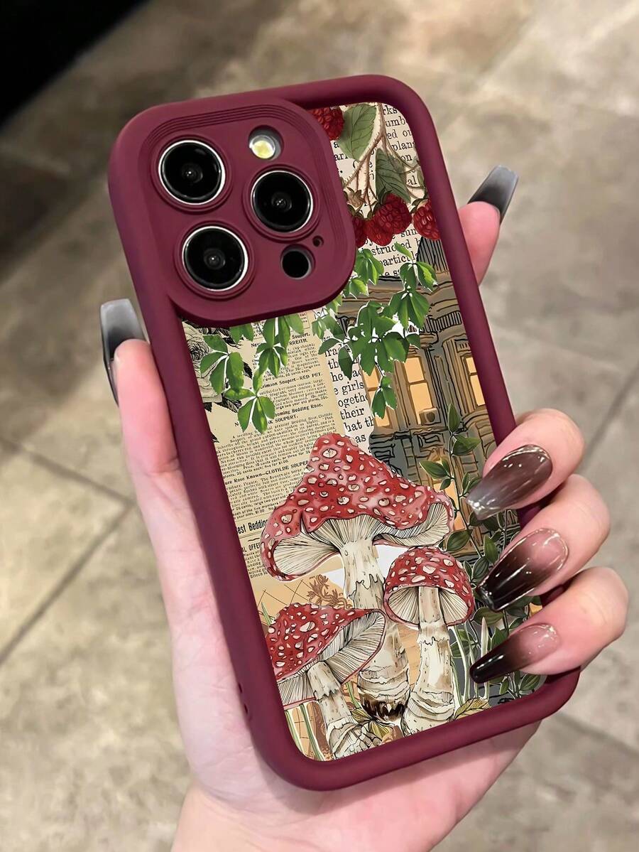 1 件白色点阵蘑菇报纸印花防摔防指纹全包裹手机壳兼容 iPhone - 彩色 - 查看 1