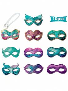10个美人鱼面具，适合美人鱼角色扮演、派对、纸质动物面具、服装面具、眼罩、服装派对用品、美人鱼生日礼物 - 彩色 - 查看 2