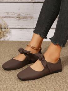 2025 Autumn New Spring/Summer Low-Cut Versatile Bow Accent Soft Leather Square Toe Flats Valentines,Ballet Flats - Coffee Brown - View 2