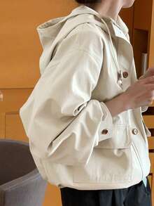 Chic Korean Style Autumn New Drawstring Hem Design Utility Pockets Hooded Windbreaker Jacket Coat - Beige - View 3