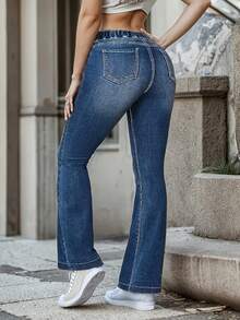 Quần jeans nữ kiểu Âu-Mỹ màu trơn, cạp trung, dáng ôm, lưng thun, ống loe, thích hợp mặc thường ngày, phong cách đường phố, mùa xuân. - Màu xanh lam - Xem 7