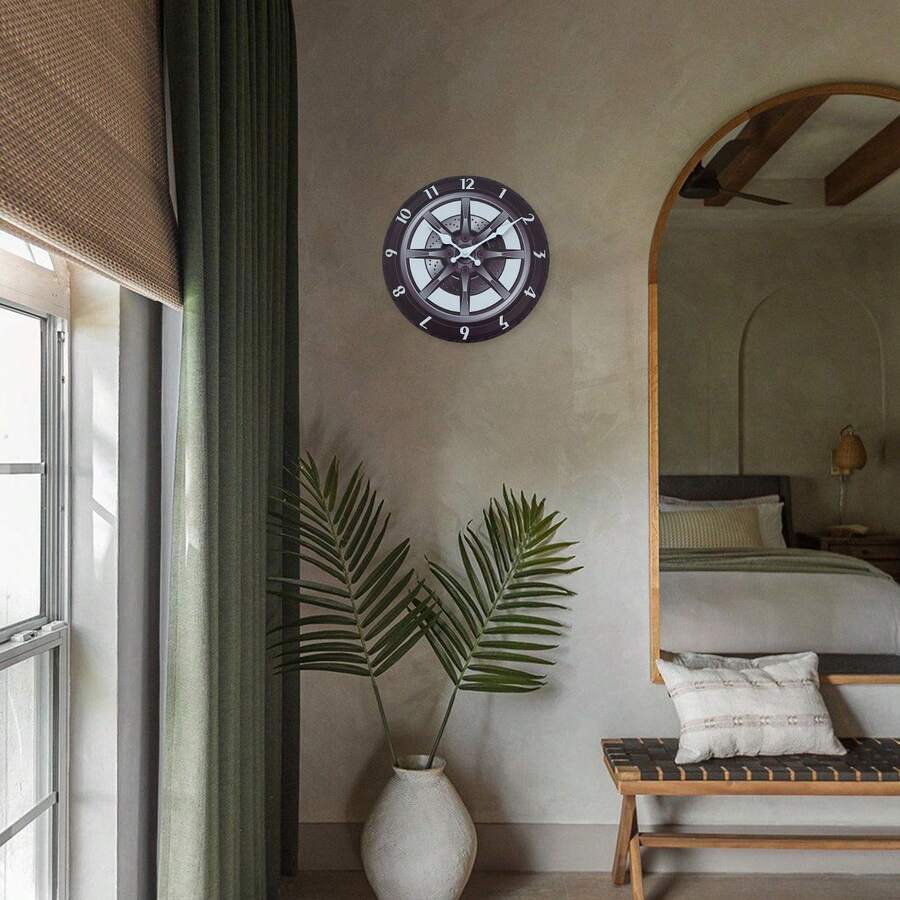 1pc Creative Car Tire Wooden Wall Clock, Silent NonTicking For Living