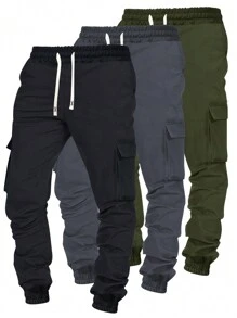 3pcs Men's Casual Spring/Autumn Solid Color Drawstring Waist Tapered Leg Cargo Jogger Pants Set