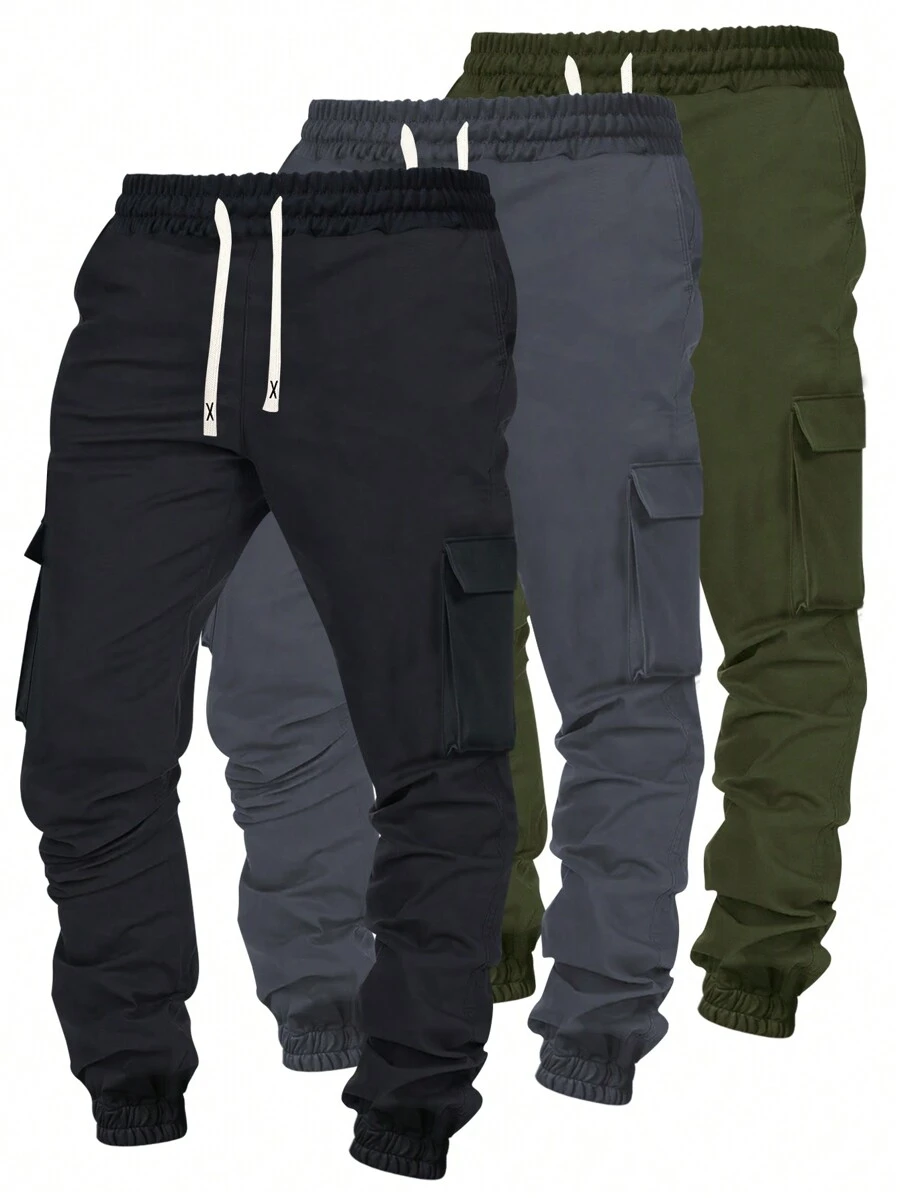 3pcs Men's Casual Spring/Autumn Solid Color Drawstring Waist Tapered Leg Cargo Jogger Pants Set