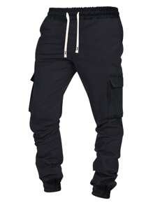 3pcs Men's Casual Spring/Autumn Solid Color Drawstring Waist Tapered Leg Cargo Jogger Pants Set