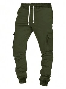 3pcs Men's Casual Spring/Autumn Solid Color Drawstring Waist Tapered Leg Cargo Jogger Pants Set