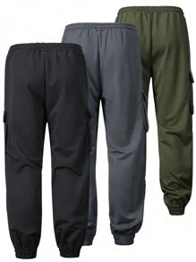 3pcs Men's Casual Spring/Autumn Solid Color Drawstring Waist Tapered Leg Cargo Jogger Pants Set