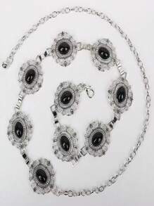 Dây thắt lưng kim loại phong cách châu Âu cổ điển, thắt lưng hợp kim kẽm Bohemian dành cho phụ nữ, phù hợp với váy, đám cưới mùa hè - màu xanh ngọc lam đen - Xem 8