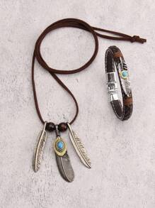 1 套绿松石首饰：男士个性化雕刻多层黑色皮革手链、鹰爪绿松石羽毛吊坠、锌合金棕色绳长链项链、情侣套装
