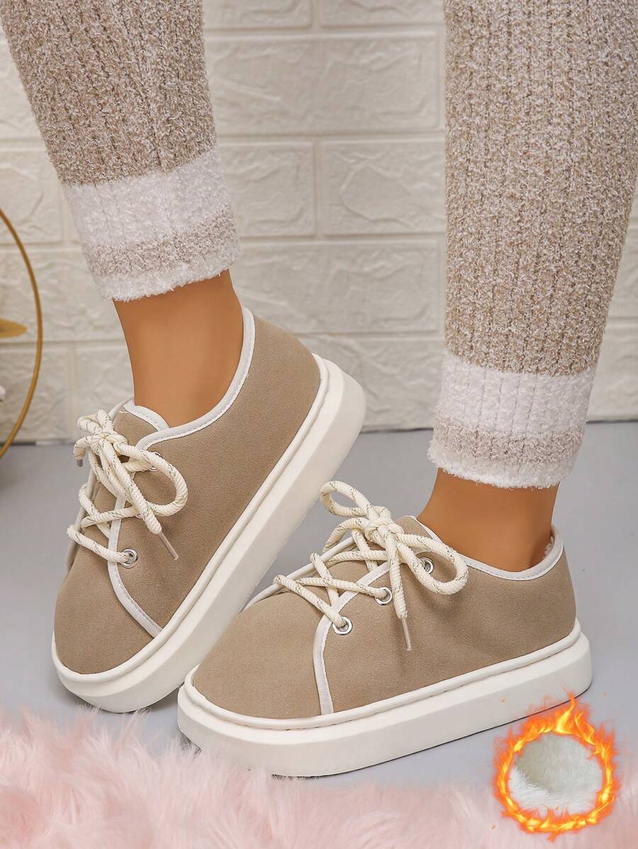 Dimensiuni plus mari Moda pentru femei în aer liber/interioară Bej Cravată groasă de frânghie Căptușeală de pluș Moale, confortabil, Anti-alunecare, Papuci pufosi pentru toamnă/iarnă, pantofi ușori pentru acasă