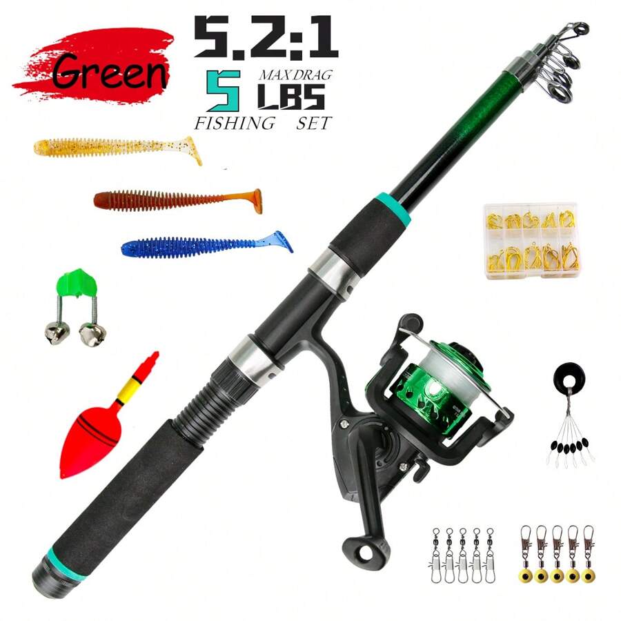 Bộ cần câu khởi đầu màu xanh lá cây-Cần câu di động bằng ống lồng 1,5M/4,92ft Spincast Reel Combos Hooks-Hoàn hảo cho thanh thiếu niên mới bắt đầu - màu xanh lá - Xem 1