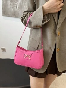 女士优雅新月形腋下单肩包，时尚休闲时尚，纯色腋下包 - 玫紅色 - 查看 3
