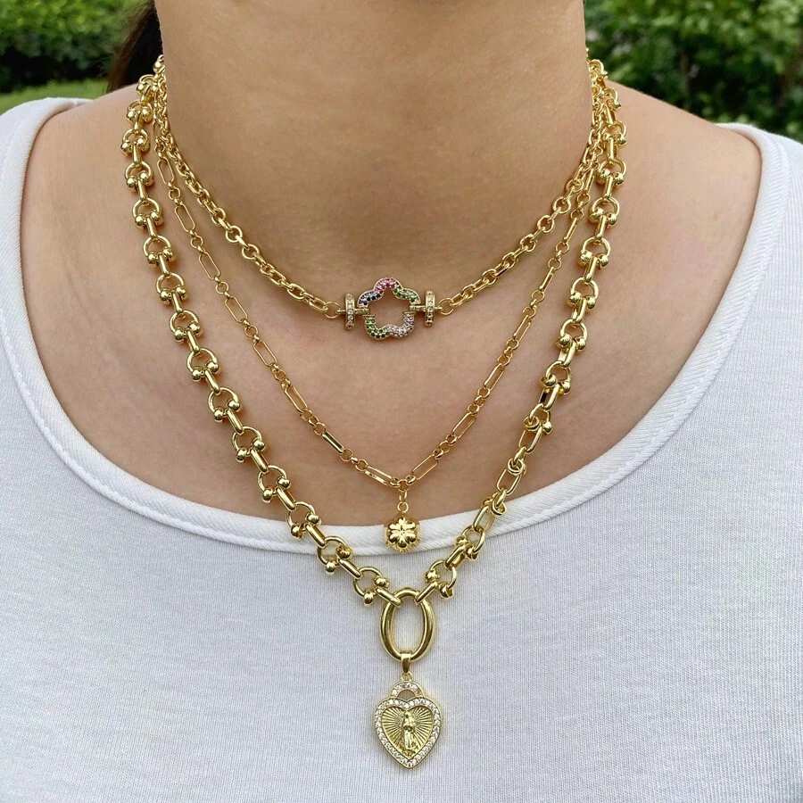 1PC Thiết kế nhiều lớp Cánh hoa mận Mặt dây chuyền tôn giáo Đức Mẹ Đồng Trinh Mary Trang sức - Vàng - Xem 1