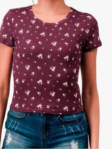 Camiseta Top Manga Corta Cuello Redondo Floral - Vino - Ver 2