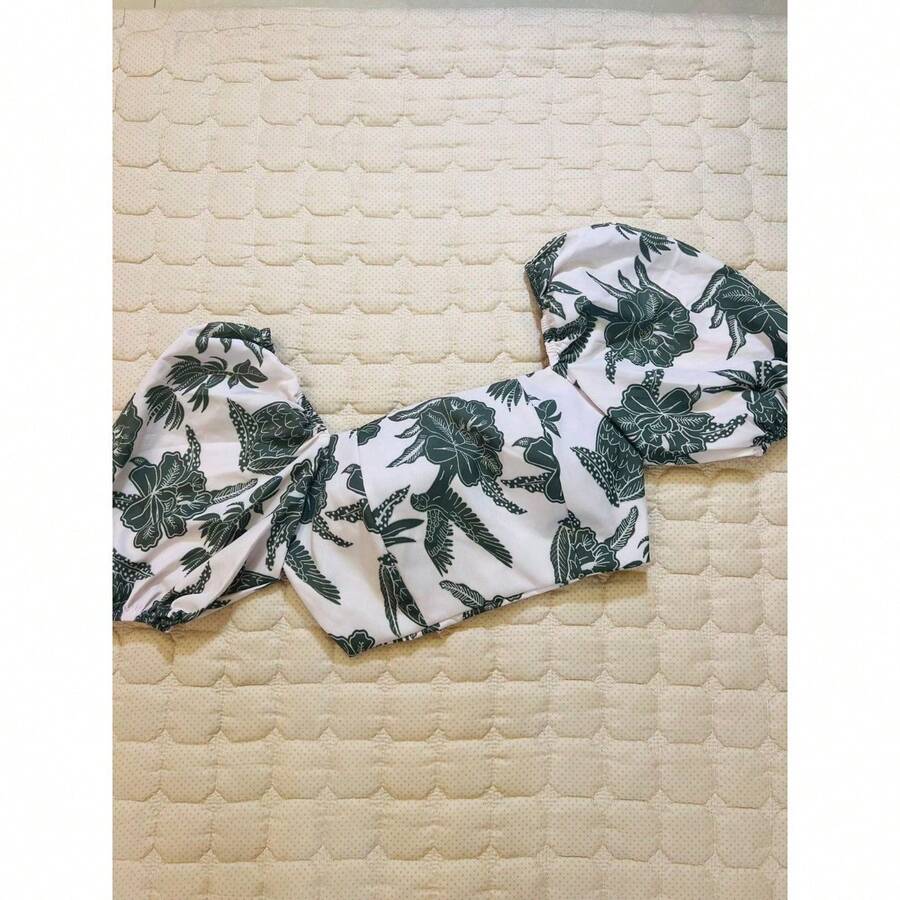 Women's Short-Sleeved Crop Top With Multicolored Print - Màu xanh Ô liu - Xem 1