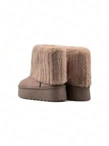 Furry Thick Sole Snow Boots, Cozy Fur-Trimmed Winter Boots, Soft Casual Style - Khaki - View 5