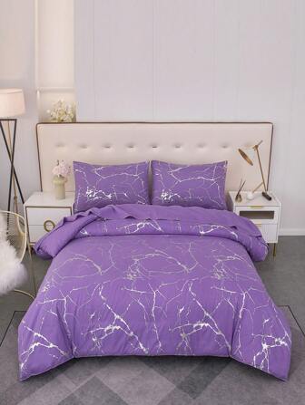 Set de literie moderne et minimaliste à effet marbre unicolore rose/gris/vert/bleu/violet avec impression de feuille, microfibre douce et confortable, lavable, 2/3 pièces