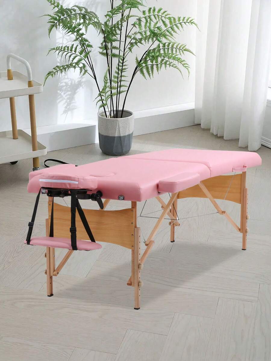Massage Table Portable Portable Massage Bed 2 Section 73'' Long Foldable Tattoo Bed W/Carrying Case Height Adjustable Sturdy Wooden Frame,Solon&Facial Care Spa Lash Bed - 粉色 - 查看 1