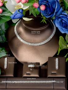 1 套独特的方晶锆石几何装饰首饰套装，适合作为女性的生日礼物 - 銀色 - 查看 6