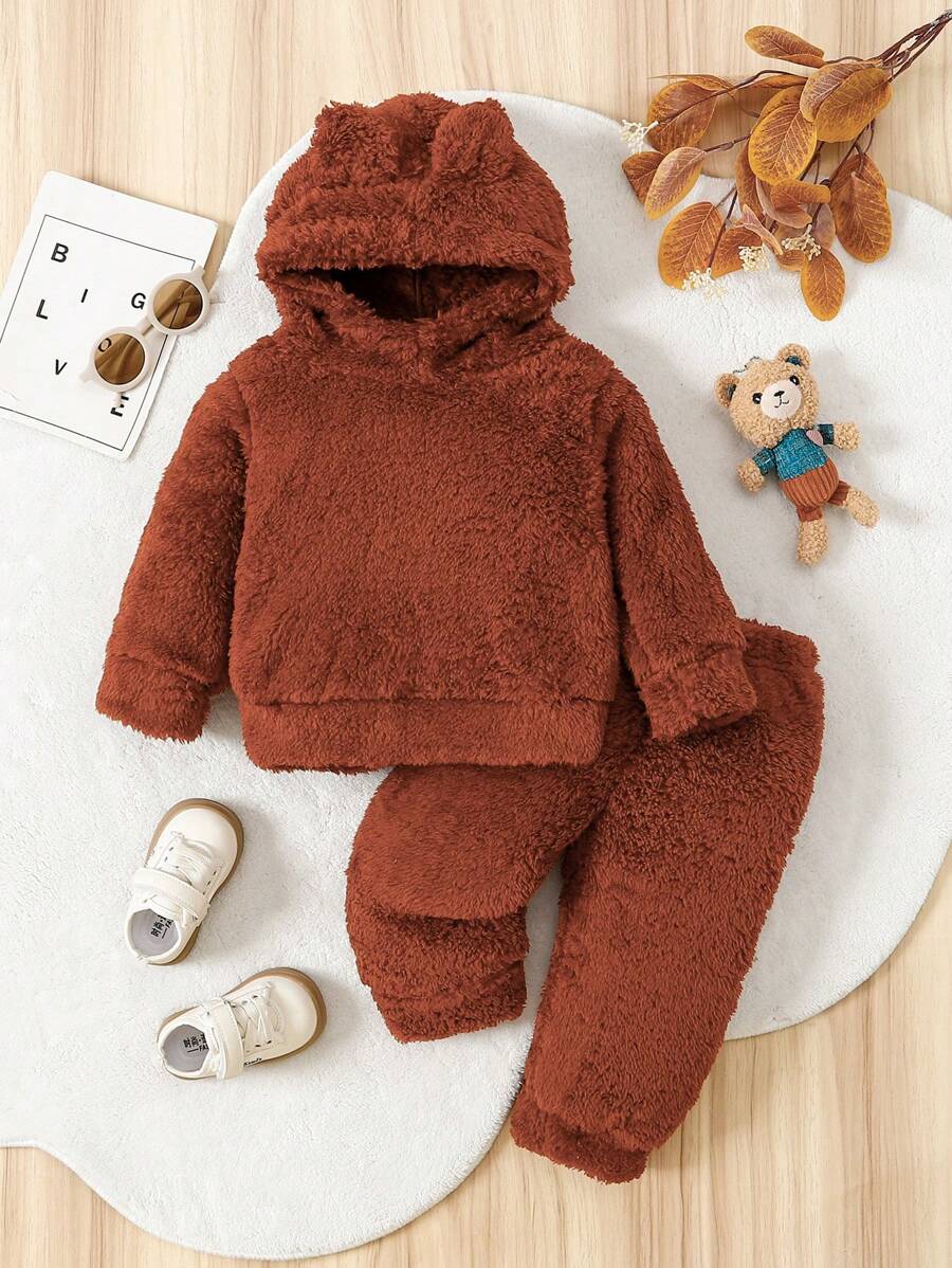 Chłopięcy śliczny jednolity kolor bluzka z kapturem z długim rękawem i swobodne spodnie polarowe