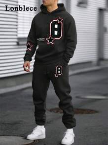 Lonblece 2 件套男士时尚美式数字印花连帽运动衫和运动裤套装 - 黑色 - 查看 1