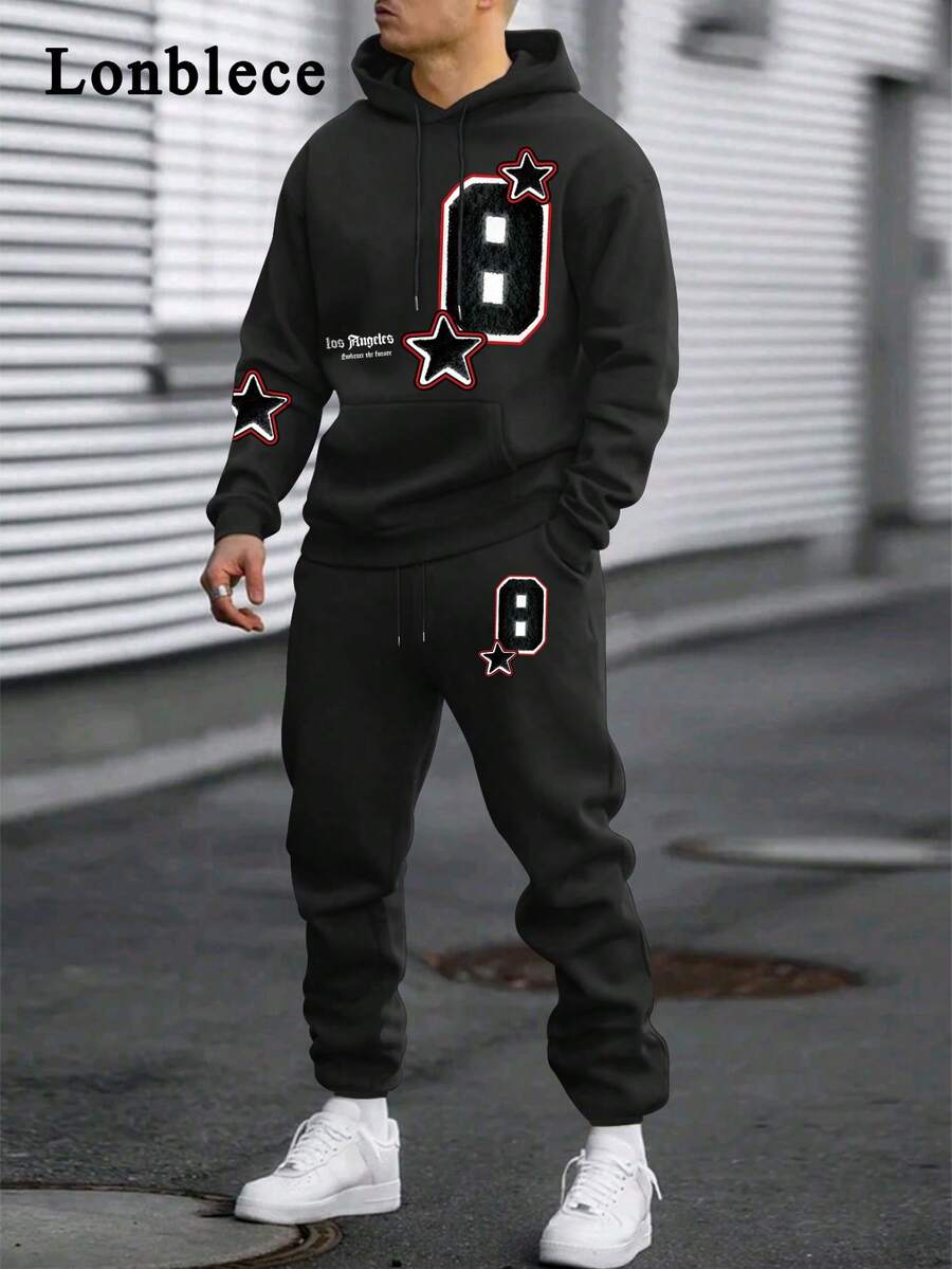 Lonblece 2 件套男士时尚美式数字印花连帽运动衫和运动裤套装 - 黑色 - 查看 1