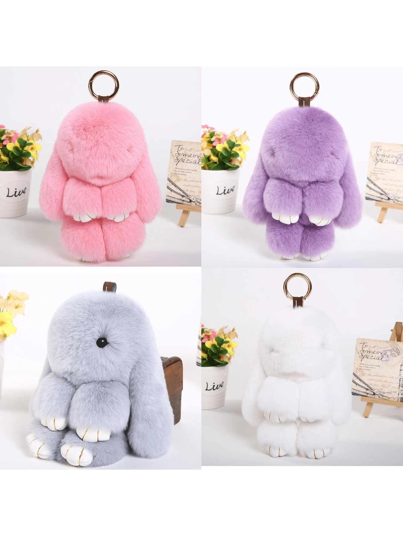 1 件可爱仿兔毛兔子吊坠钥匙扣，毛绒兔子玩偶，可用作包包/钱包装饰 - 彩色 - 查看 1