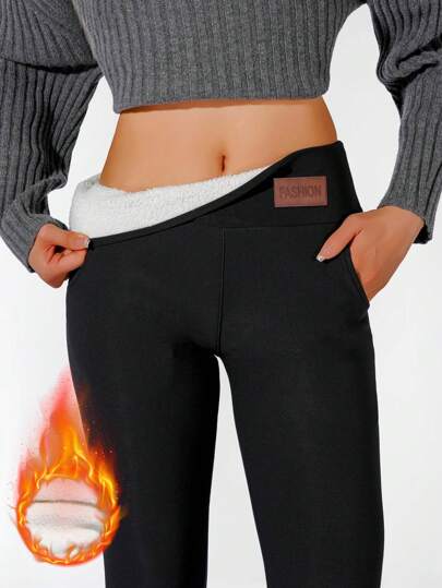 1pc Women's Fashionable Pocket Thermal Lined Breathable Leggings, Thick Fabric For Outdoor Fitness Yoga Pants, Autumn/Winter,Fleece